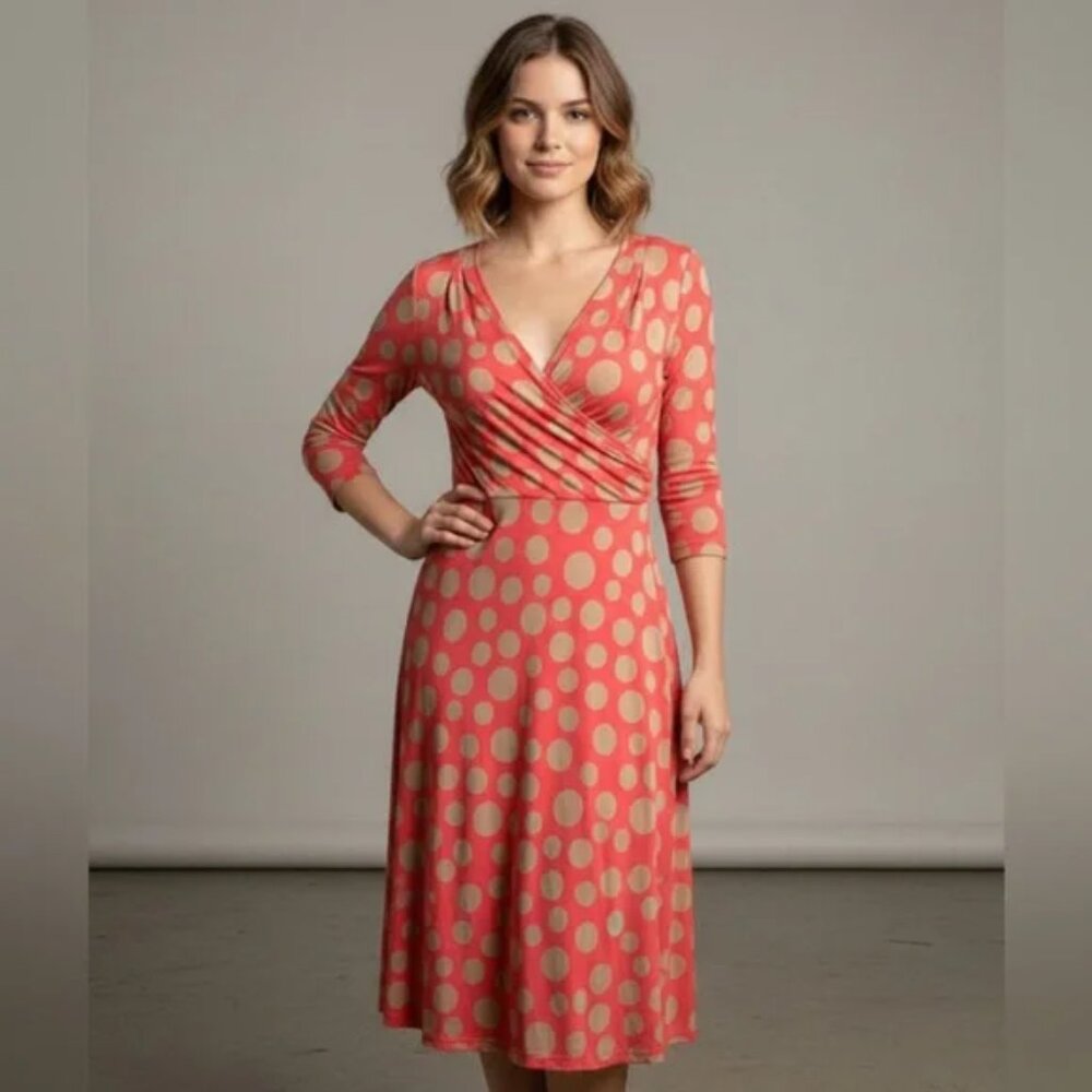 Boden Pink and Cream Polka Dot V-neck Long Sleeve Dress